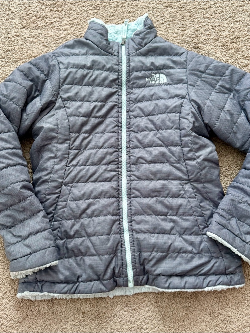 The North Face Kids Sz 10/12 Reversible Jacket Gray Green Puffer Fleece Coat